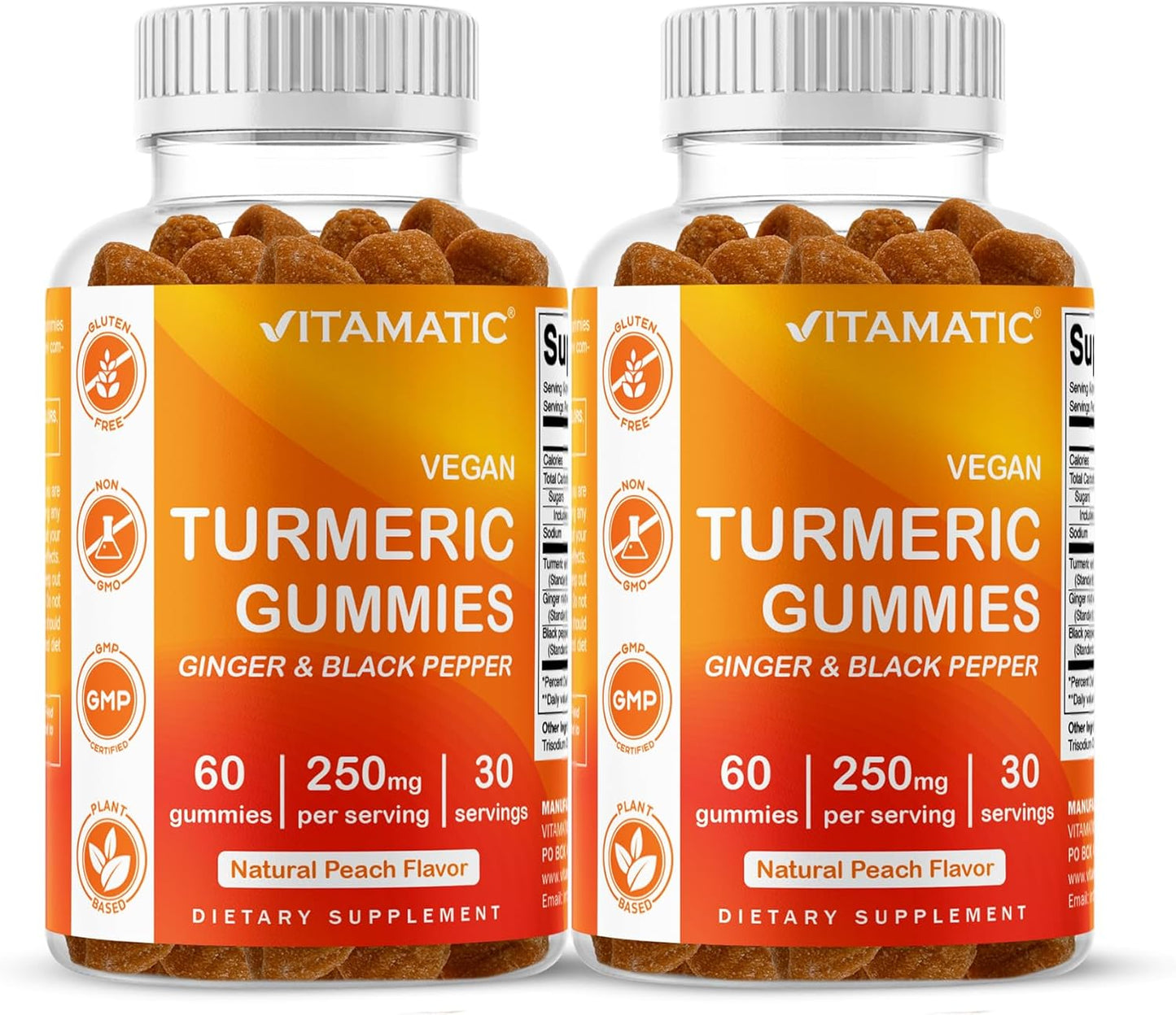 Vitamatic Turmeric Gummy with Ginger & Black Pepper Extract – 60 Vegan Gummies Each | 2 Pack (120 Gummies) 95% Curcuminoids – Powerful Antioxidant & Inflammatory Support
