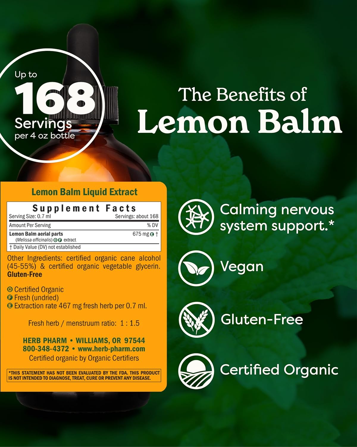 Herb Pharm Certified Organic Lemon Balm Liquid Extract for Calming Nervous System Support, Organic Cane Alcohol, 4 Ounce