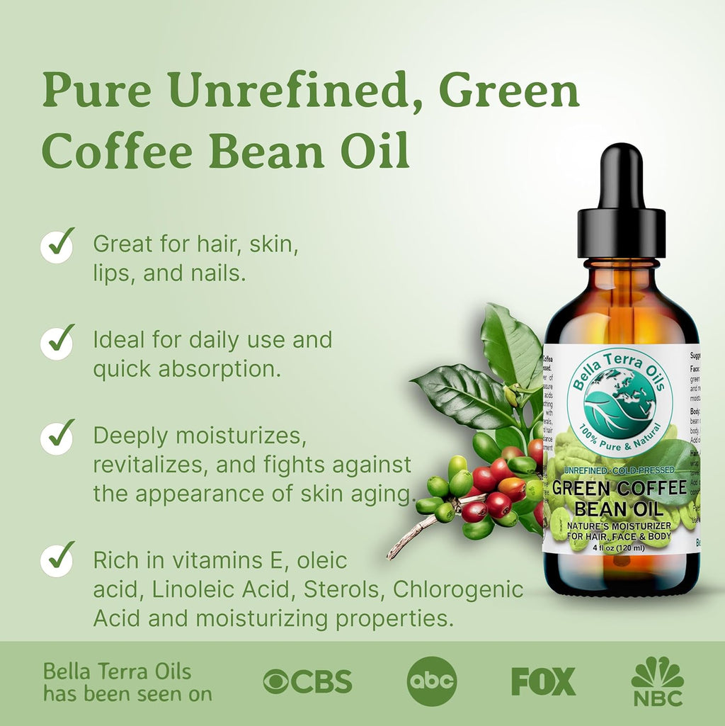 Bella Terra Oils - Green Coffee Bean Oil 8 oz - Famed for Trigonelline & Nutritional Compounds, Elevate Beauty Rituals with this Caffeine Oil Delight