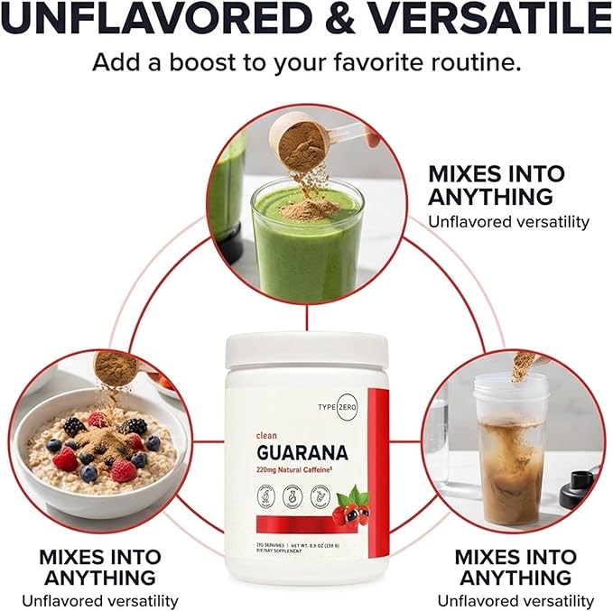 Type Zero Clean Guarana Powder Drink Mix (250 Servings, Unflavored) - 220 MG Caffeine Per Serving, Natural Caffeine, Non GMO, Gluten Free