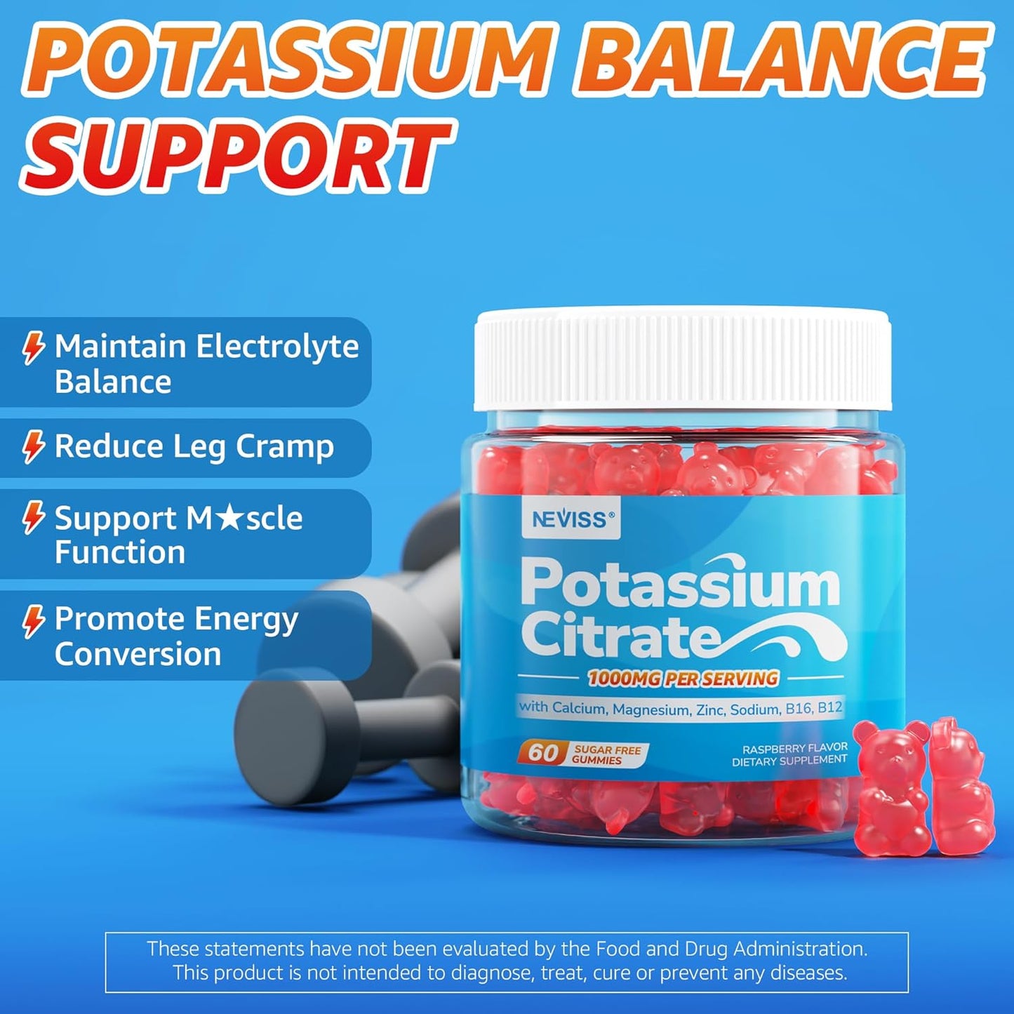 Potassium Citrate 1000mg Gummies, Potassium Magnesium Supplement + Calcium, Zinc, Sodium, Vitamin B6, B12, Support Leg Cramps, Electrolyte Balance, Body Performance, Energy Boost, Sugar Free, 60 Cts