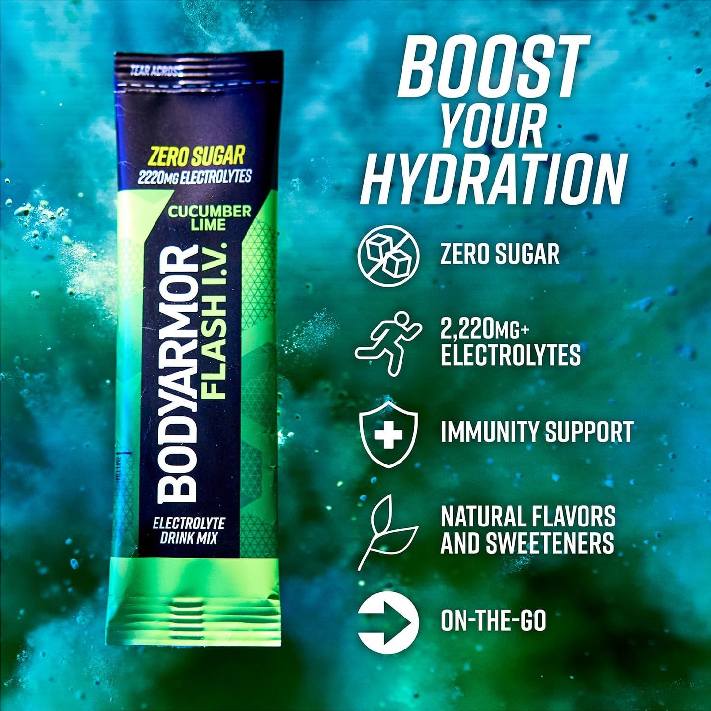 BODYARMOR Flash IV Electrolyte Packets, Cucumber Lime - Zero Sugar Drink Mix, Single Serve Packs, Coconut Water Powder (6 Count)