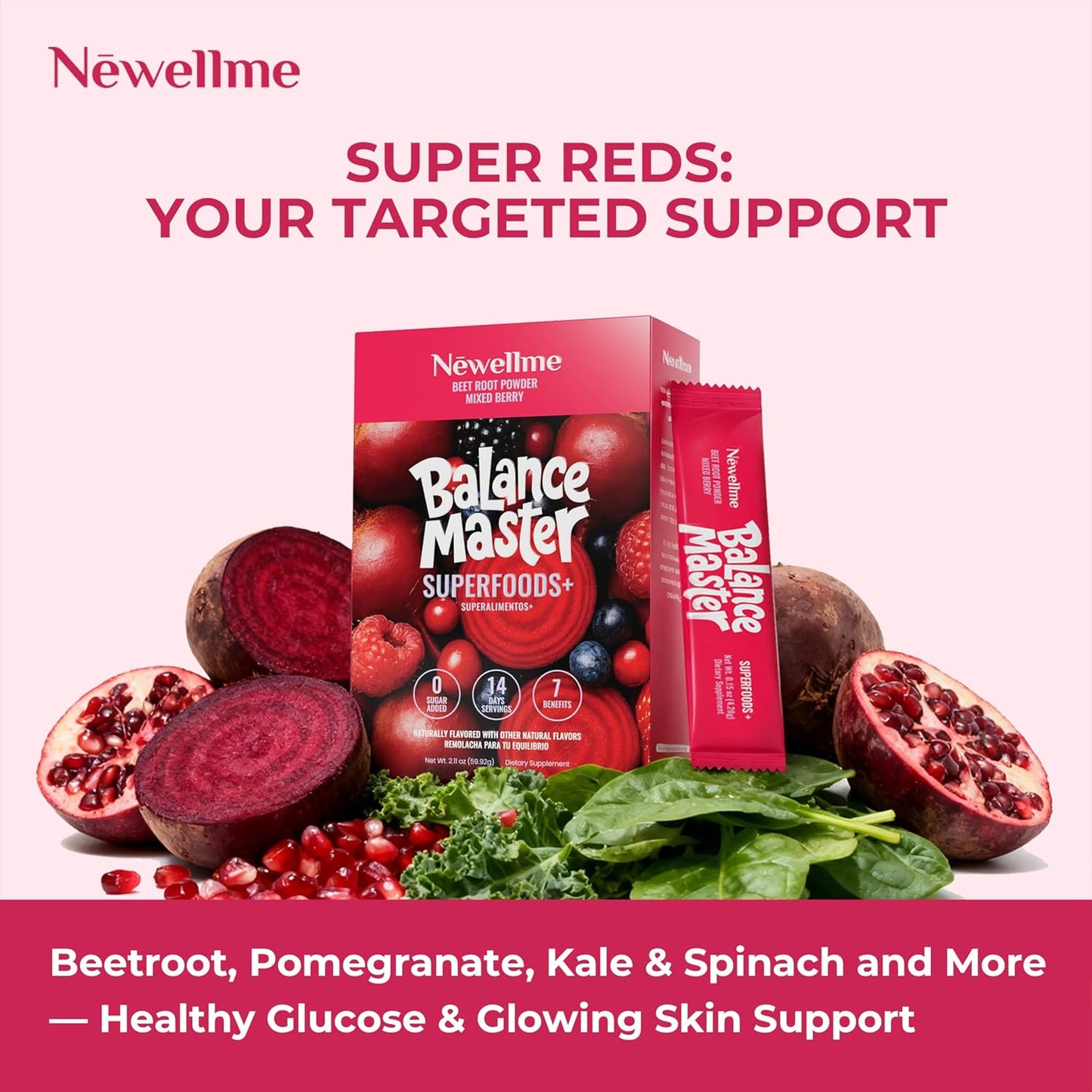 NEWELLME Balance Master Super Reds Beet Root Powder for Smoothies, Baking & Juices – Red Fruits & Greens Blend for Natural Energy & Vegan Red Food Coloring – Mixed Berry Flavor, 28 Pack