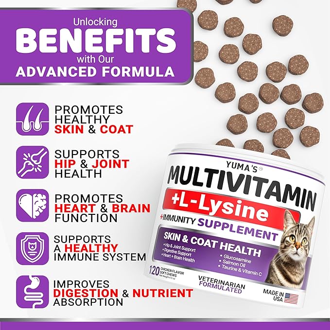 Cat Multivitamin Chews - Cat Vitamins and Supplements - Taurine & Lysine for Cats - Omega-3, Glucosamine, Cranberry - Skin & Coat, Hip & Joint Support - Immune Health, Skin, Heart, Digestion
