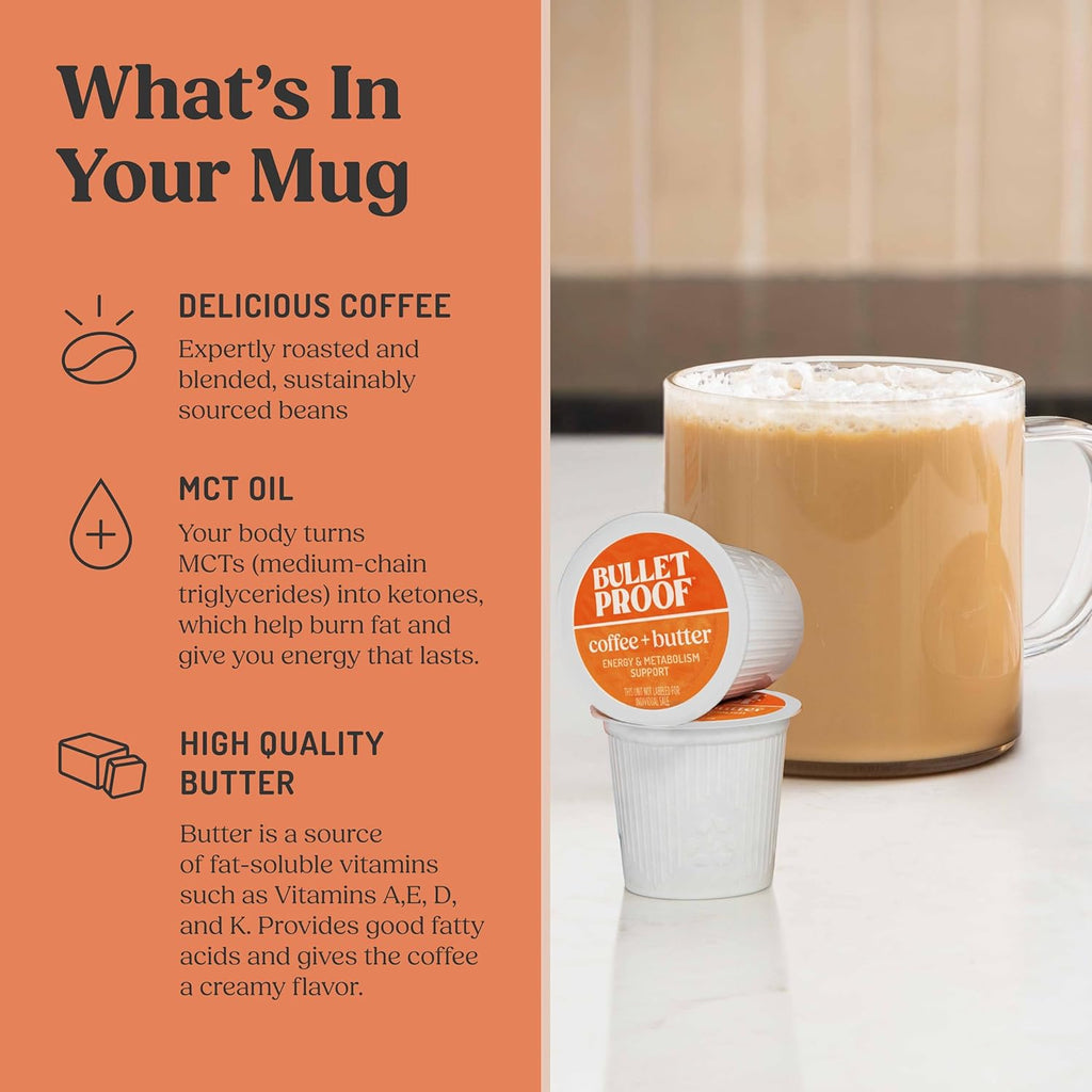 Bulletproof Coffee + Organic Grass-Fed Butter Single-Serve Pods, 10 Count, Keto Coffee, All-in-one Recipe with MCT Oil and Butter, Packaging May Vary