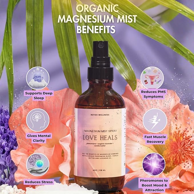 LOVE HEALS Magnesium Mist| Pure Magnesium Oil Spray with Lavender & Vanilla| Body & Foot Spray Refreshes Tired Skin| Calming Essential Oils for Relaxing & Uplifting Feel, 4oz