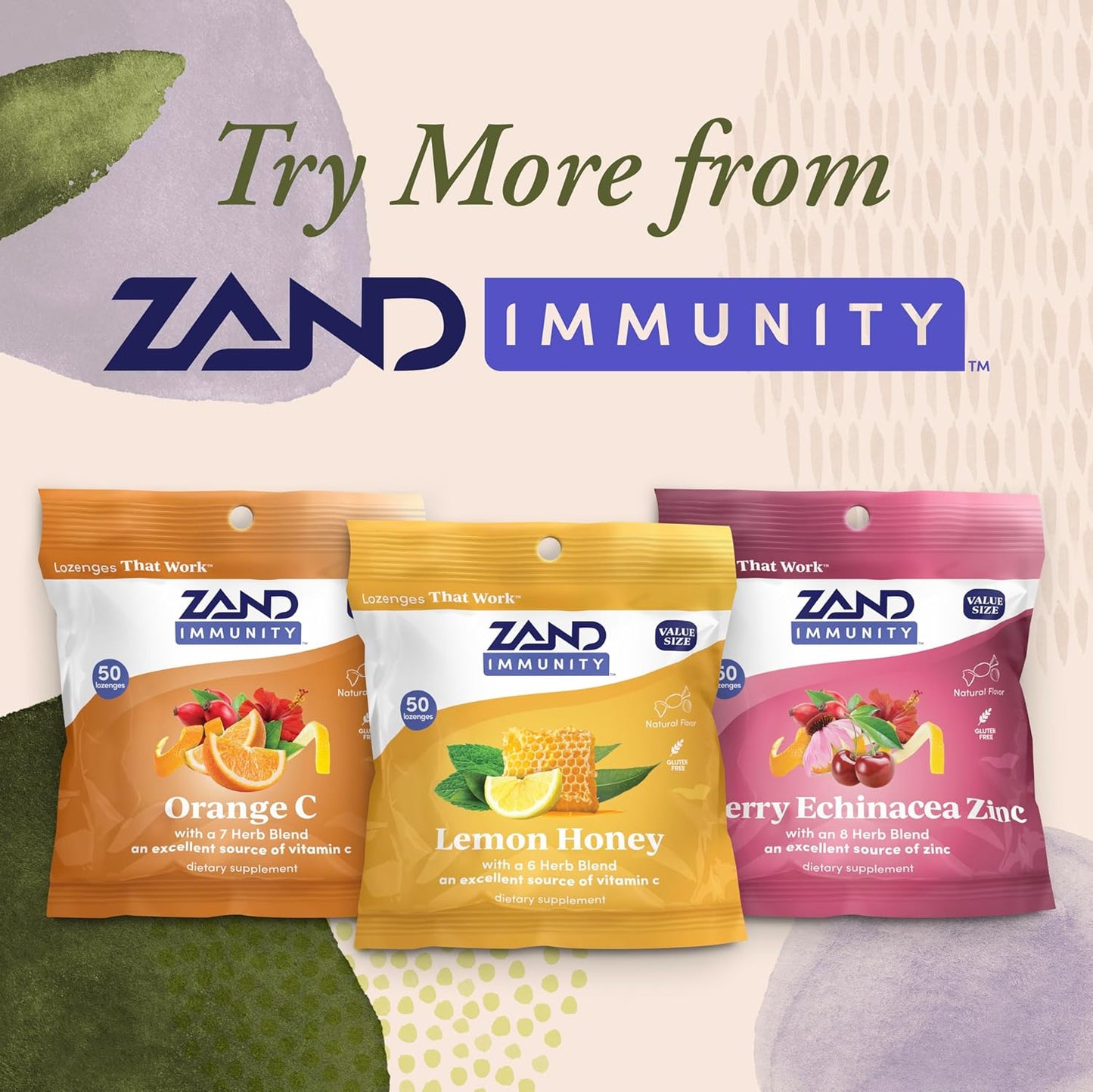 ZAND Immunity Variety 3 Pack - Lemon Zinc, Menthol and Cherry Echinacea Zinc Throat Lozenges - Good-for-You Dry Mouth Lozenges, Immune Support Supplement - Natural Flavor, Vegan, Gluten Free, 50ct ea