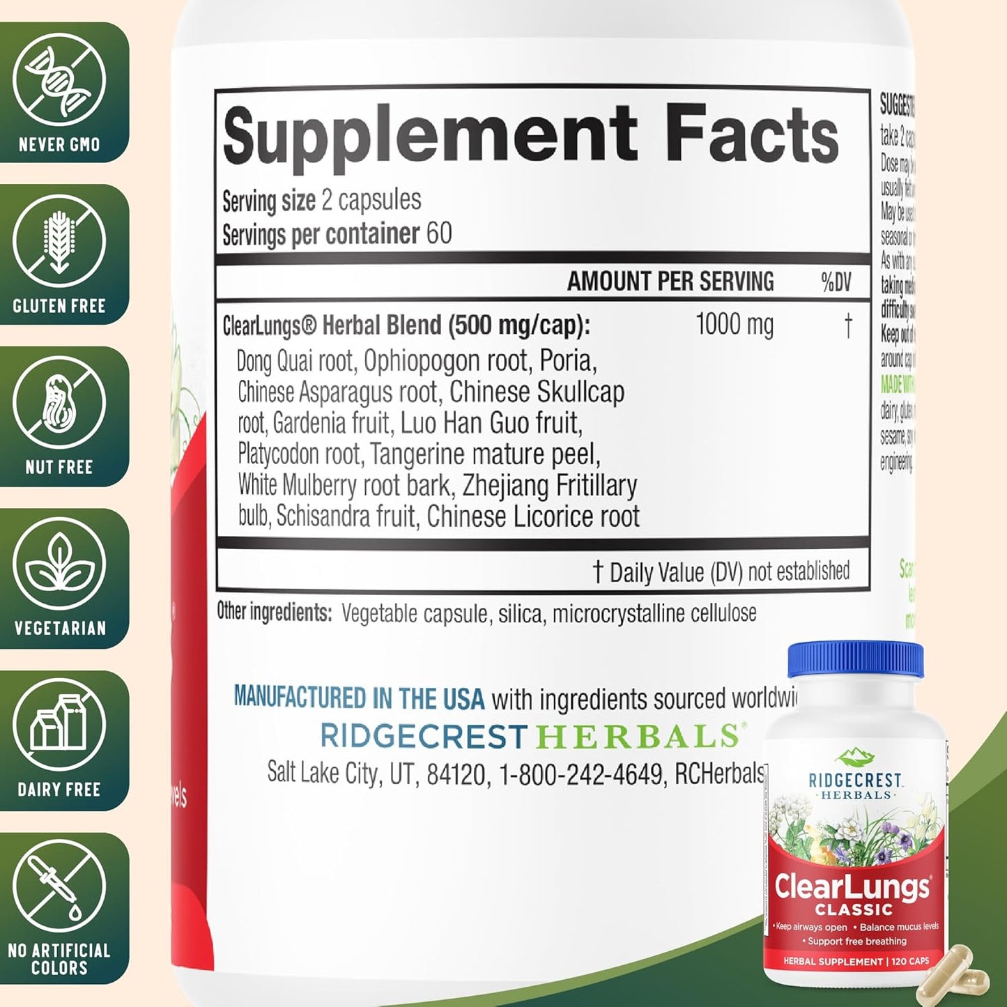 Ridgecrest Herbals ClearLungs Classic, Natural Lung and Nasal Daily Health Supplement for Bronchial, Respiratory, Immune, Sinus, and Mucus Wellness Support, Herbal Formula (120 Caps, 60 Serv)