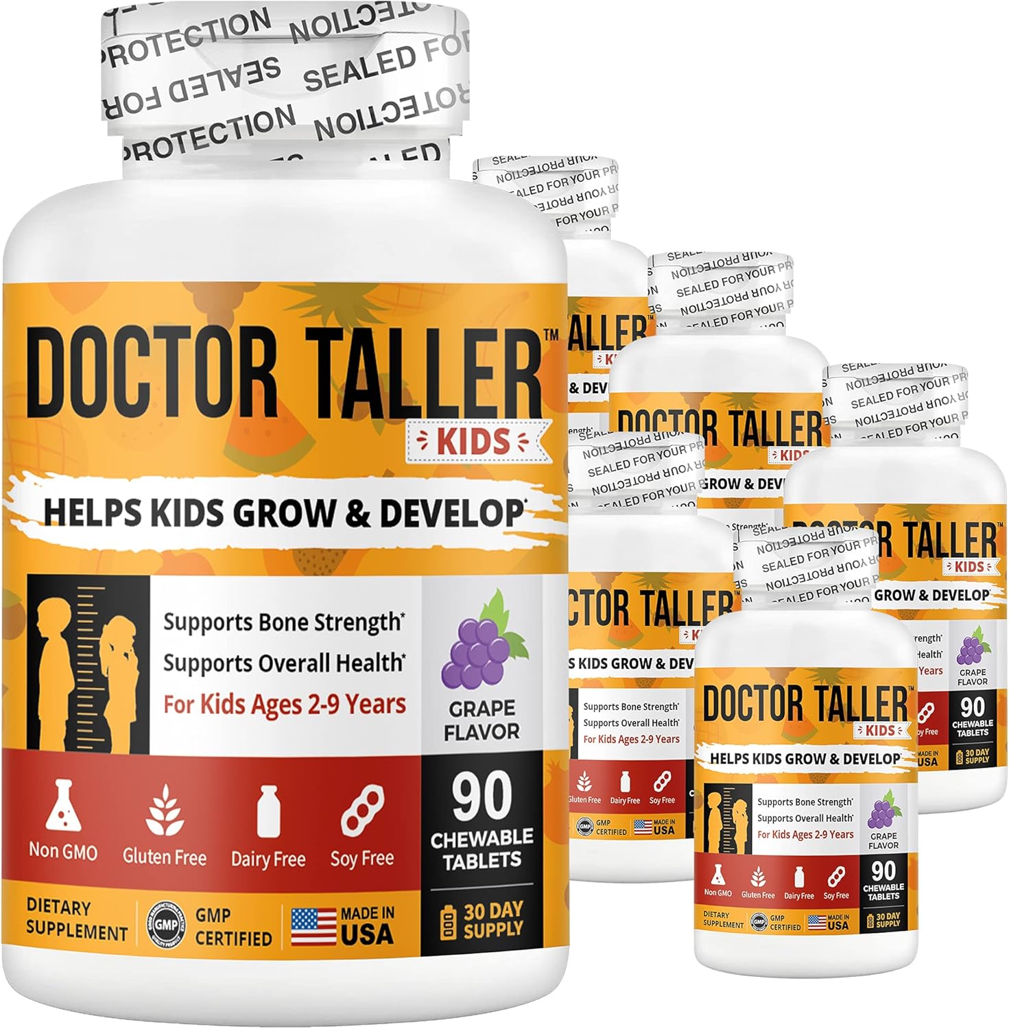 Doctor Taller Kids - Support Bone Strength with Multivitamins, Multiminerals, Calcium Bone Health Formula for Kids Ages 2 to 9 - Grape Flavor - Helps Children Grow Stronger - 6 Pack | 9 Months Supply
