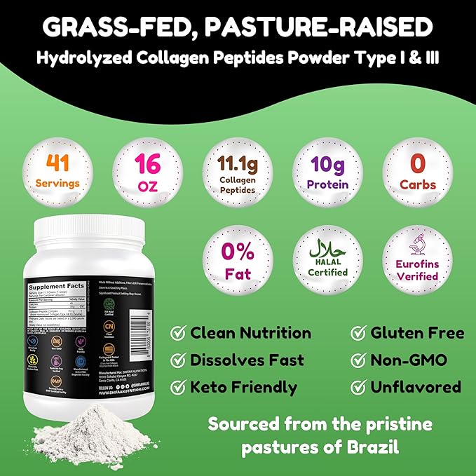 Halal & Grass Fed Collagen Peptides Powder 1 lb. 16oz Unflavored Hydrolyzed Collagen Peptides Powder Type I & Type III for Hair, Skin, Nails & Joints | Keto & Paleo Friendly | Sugar & Gluten Free