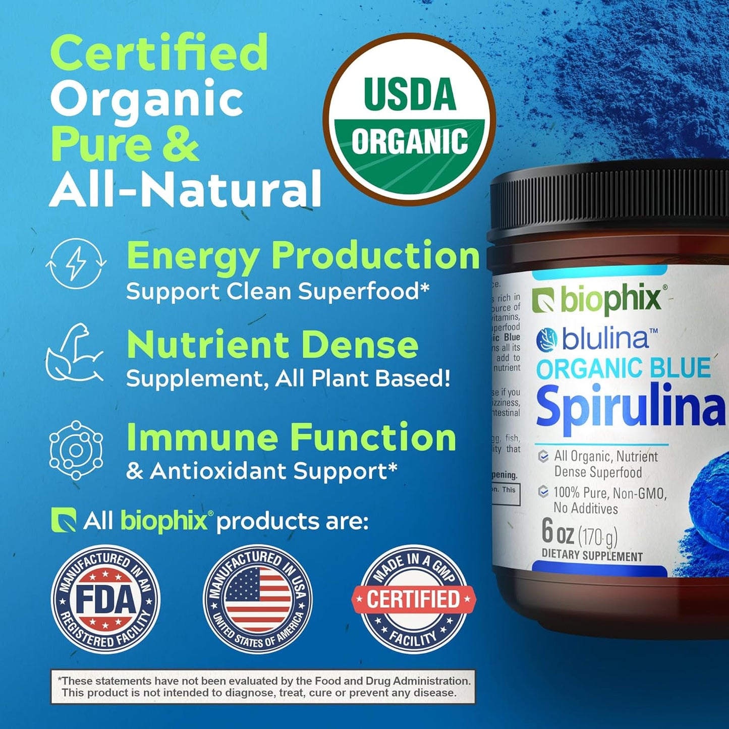 biophix Blue Spirulina Powder Organic Blulina 6 oz - Algae Organic Spirulina Powder 170 Servings - Superfood Supplement - Natural Blue Pigment - Espirulina en Polvo Organica Pura Azul
