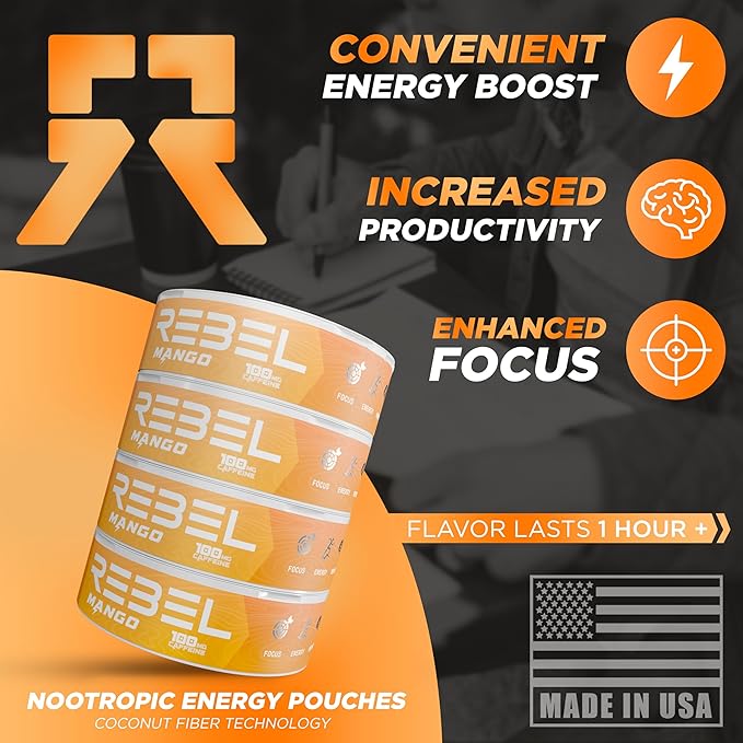 Nootropic Energy Caffeine Pouches (Mango) • 100mg Caffeine • Alpha GPC • Huperzine A & Essential Vitamins • Sugar-Free • Coconut Fiber Technology • 15 Pouches Per Can (Pack of 1)
