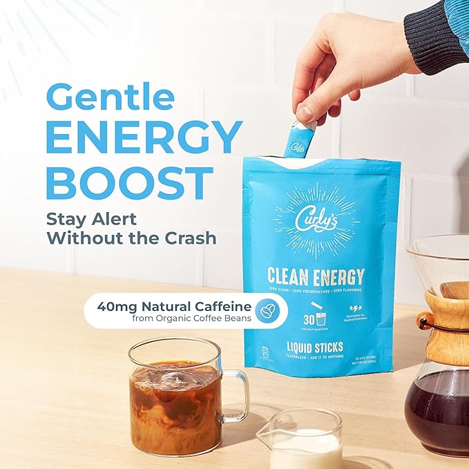 Curly's Clean Energy Caffeine & Electrolyte Sticks - Energize Your Favorite Drink - Keto, Paleo & Whole 30 Friendly - All Natural - No Sugar, No Calories, Non-GMO - 30 Flavorless Liquid Stick Packs
