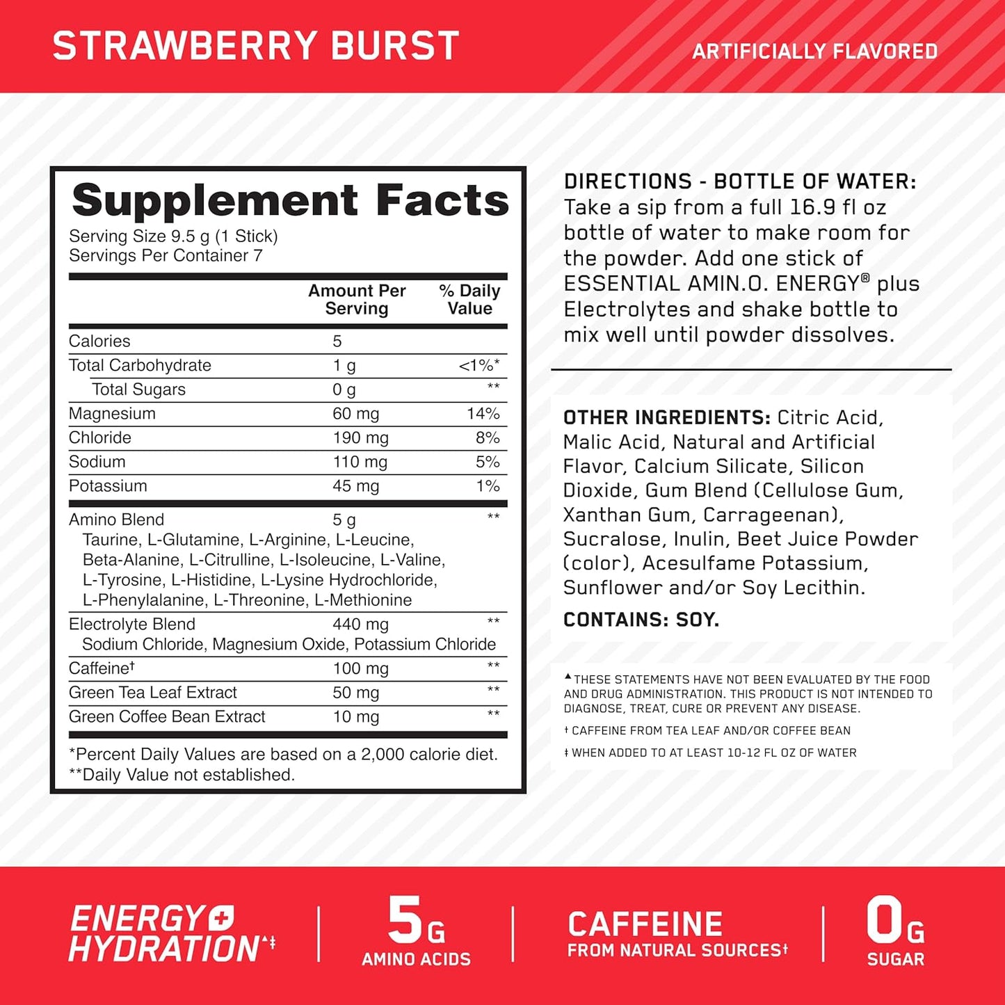 Optimum Nutrition Essential Amino Energy Plus Electrolytes Stick Packs, Energy Powder, Strawberry Burst, 7 Count