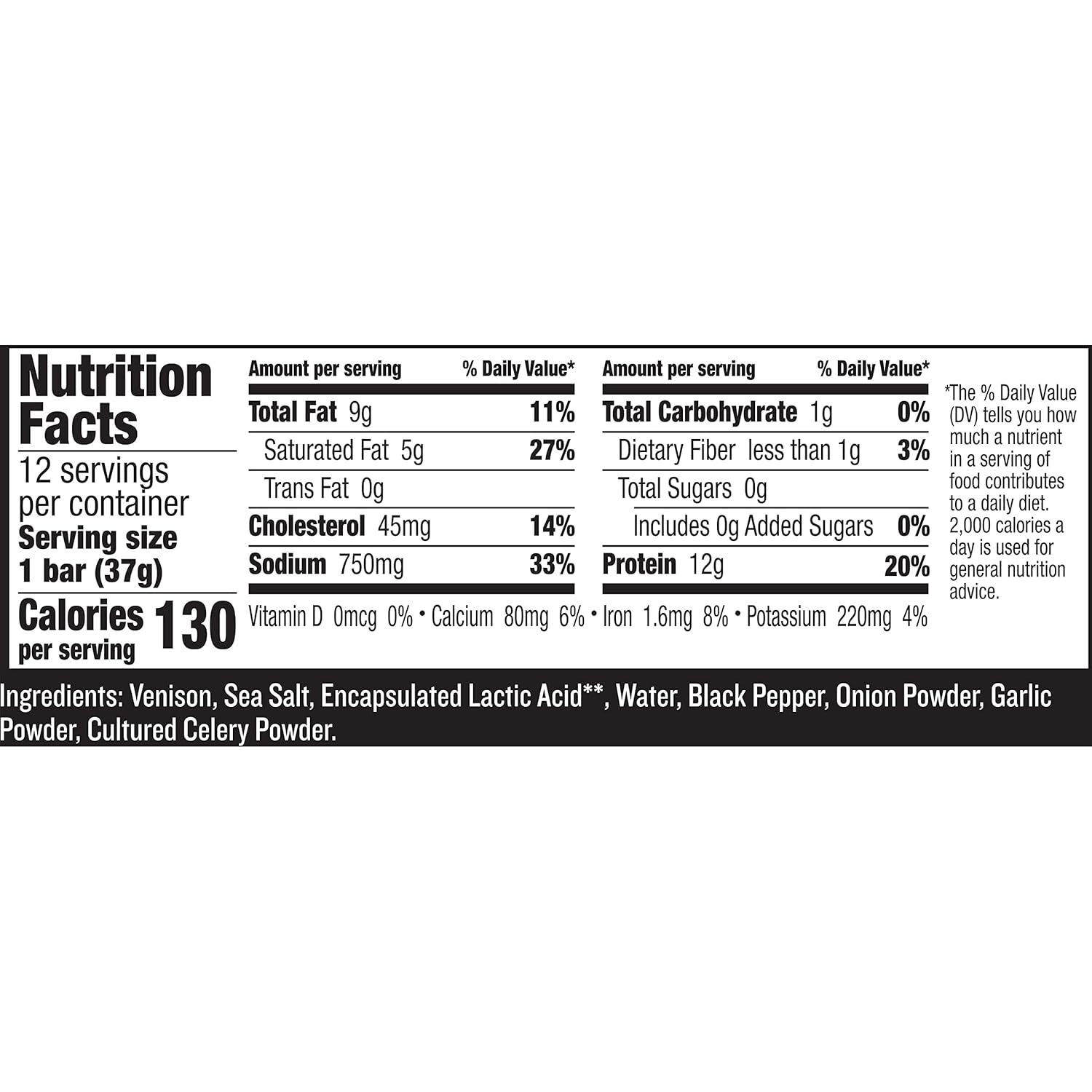 EPIC Bars, Venison Sea Salt and Pepper Bar, Keto Friendly, Whole30 Approved, Gluten Free, 12 Count, 15.6 oz