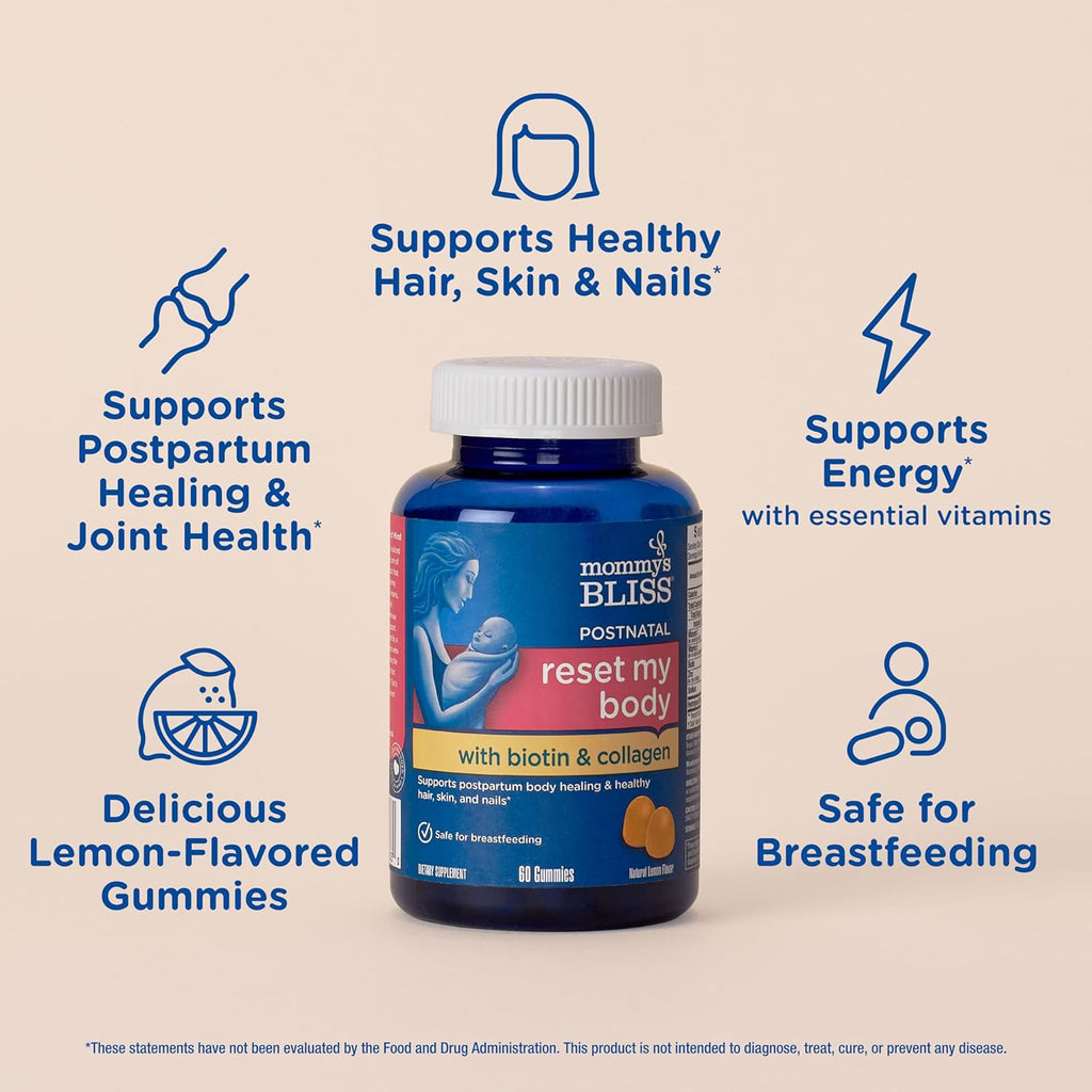 Mommy's Bliss Postnatal Support Reset My Body Gummies with Biotin & Collagen, Supports Postpartum Energy, Healing & Joint Health + Hair, Skin & Nails Health, Gluten Free, 60 Gummies (30 Servings)