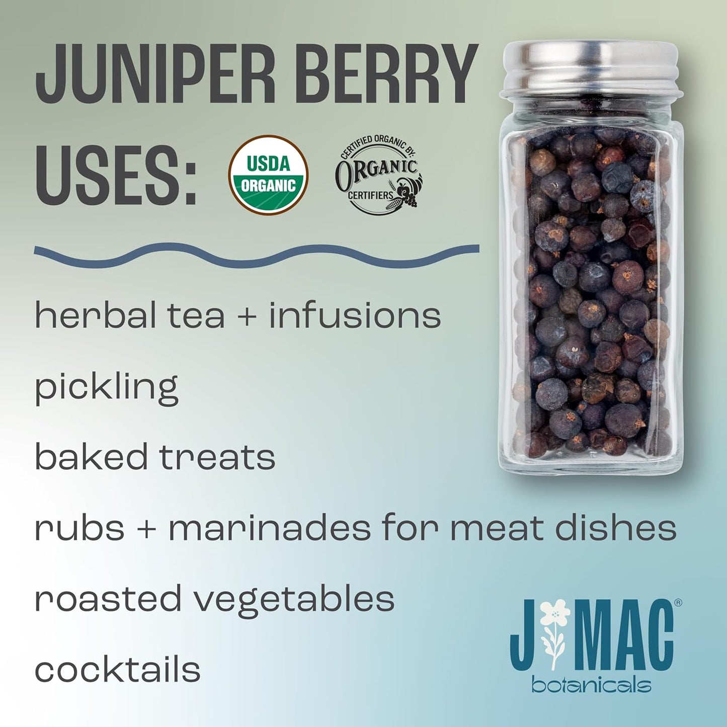 J MAC BOTANICALS, Organic Whole Juniper Berries, Certified USDA Organic, juniper for herbal infusions, seasoning beef, pork, turkey brine, soups, cocktail bombs