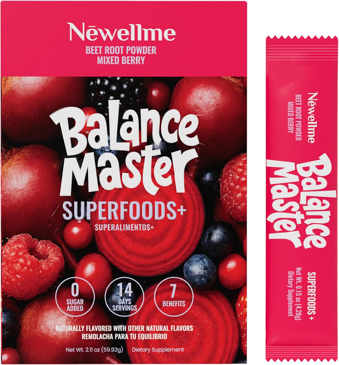 NEWELLME Balance Master Super Reds Beet Root Powder for Smoothies, Baking & Juices – Red Fruits & Greens Blend for Natural Energy & Vegan Red Food Coloring – Mixed Berry Flavor, 14 Pack