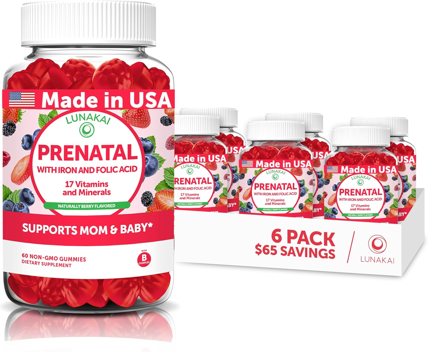 Lunakai USA Made Prenatal Vitamins with Iron & Folic Acid - Delicious Pregnancy Multivitamin Gummies for Women - 6 Pack
