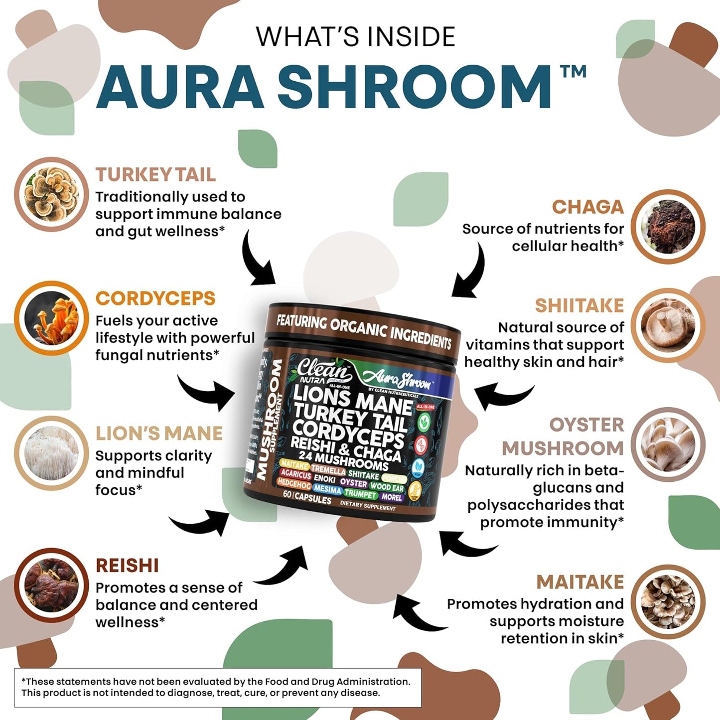 AuraShroom Mushroom Supplement Lions Mane Turkey Tail Cordyceps Reishi Shiitake Chaga Oyster Stress Relief Immune Support Nootropic Energy Portobello Mushrooms 60 Capsules by Clean Nutra