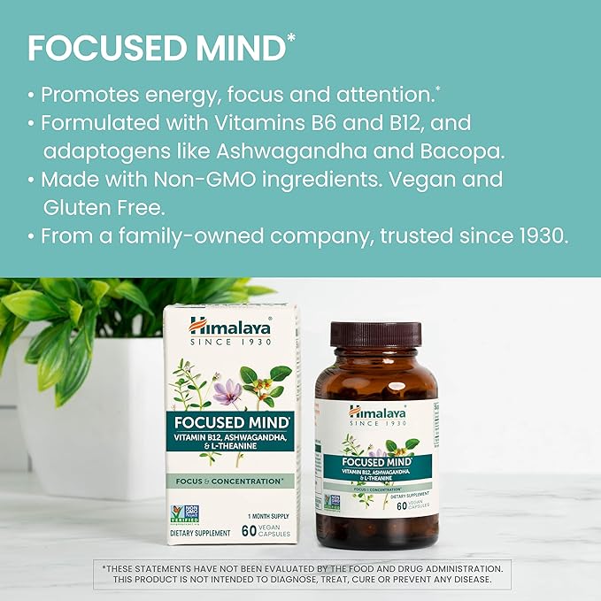 Himalaya Focused Mind Supplement, with Ashwagandha, Bacopa & L-Theanine for Attention, Focus and Energy Support, 60 Vegan Capsules, Gluten Free, 1 Month Supply