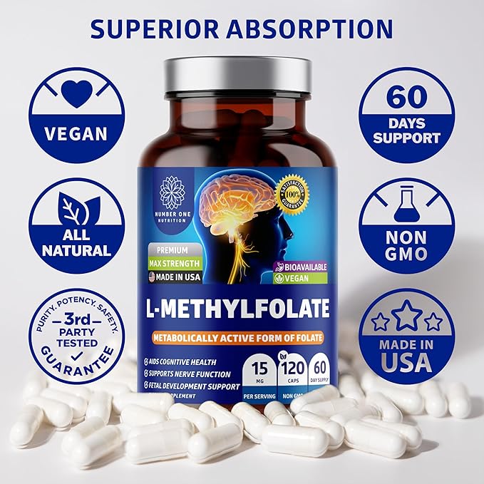 Number One Nutrition Premium L-Methylfolate 12.75MG, Extra Strength 5-MTHF Active Methylfolate Supplement for Energy and Cognitive Support, Gluten-Free and Non-GMO, 120 Capsules
