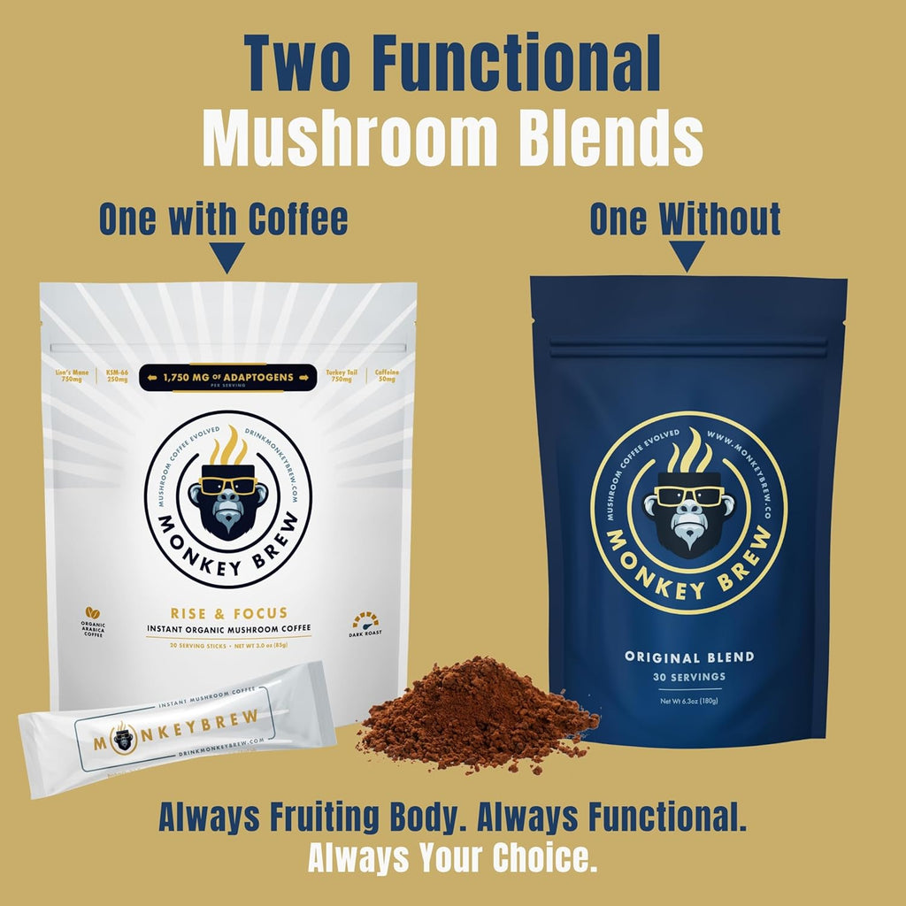 Monkey Brew Rise & Focus USDA Organic Mushroom Coffee | Boosts Focus, Energy, Immunity & Mood | 1,750mg Adaptogens: Lion’s Mane, Turkey Tail, KSM-66 Ashwagandha | Low Caffeine, Fruiting Body