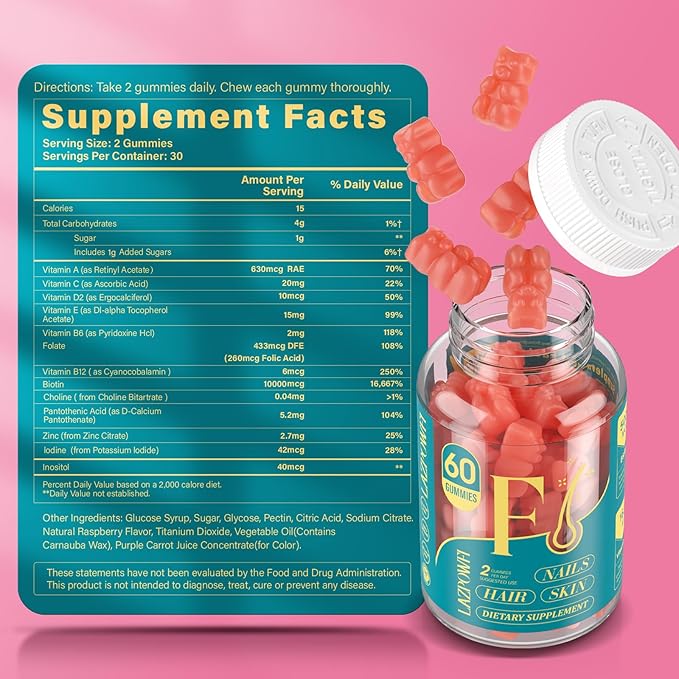 Biotin Gummies -Hair Skin and Nails Vitamins for Men & Women, Vegan Vitamin B7, Supports Hair Growth and Stronger Nails,60 Day Supply-Strawberry-2 Pack