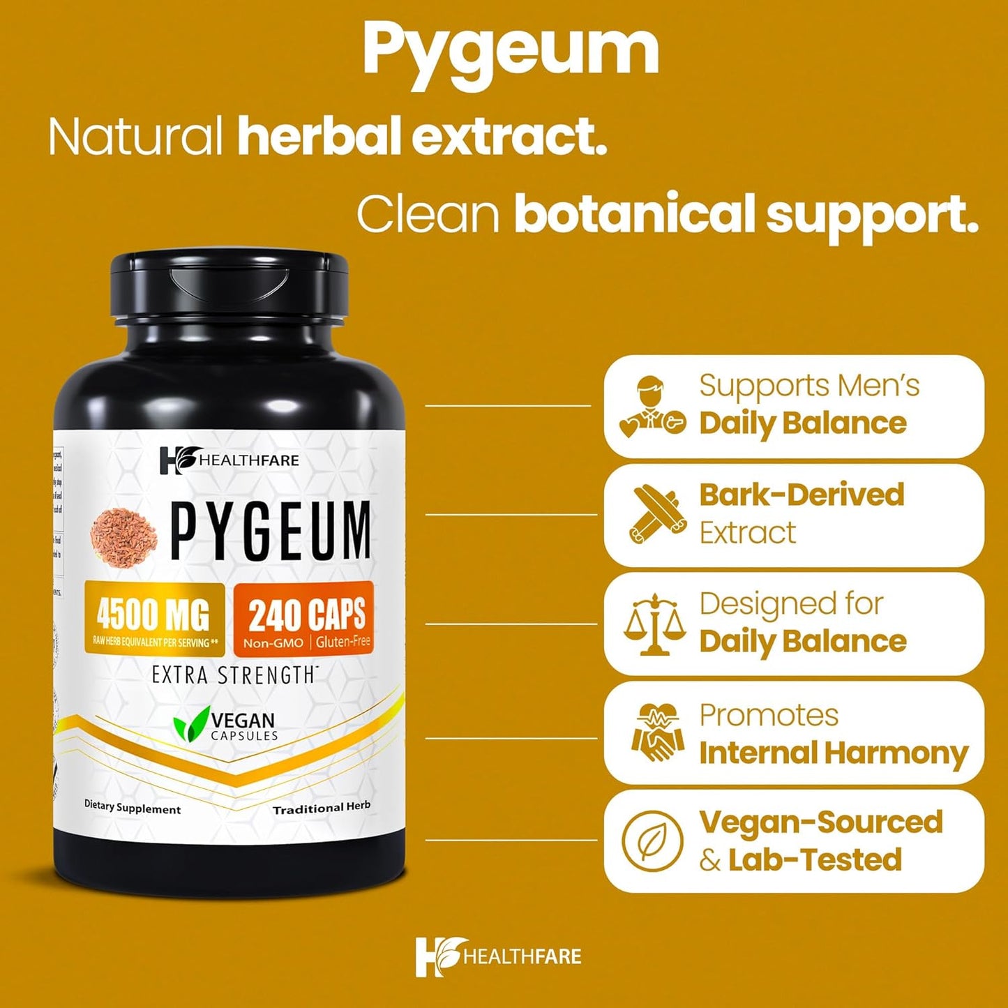 Pygeum Supplement, 4500mg | 240 Vegan Capsules | Ultra Standardized Bark Extract | Herbal Supplement | Non-GMO & Gluten-Free | Made in The USA