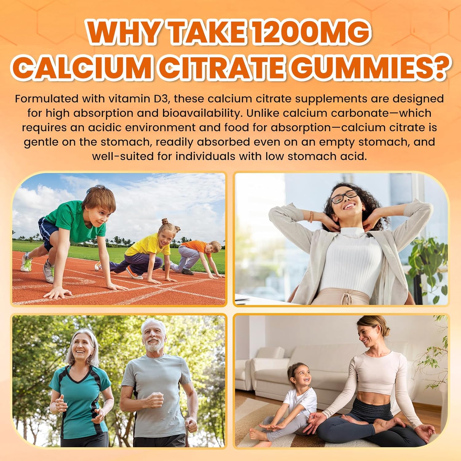 Calcium Citrate Gummies - 1200mg Calcium Gummies Supplements for Women & Men with Vitamin D3, K2, Magnesium, Zinc High Absorption for Bone, Muscle & Immune Support, Orange Flavor, 120 Count