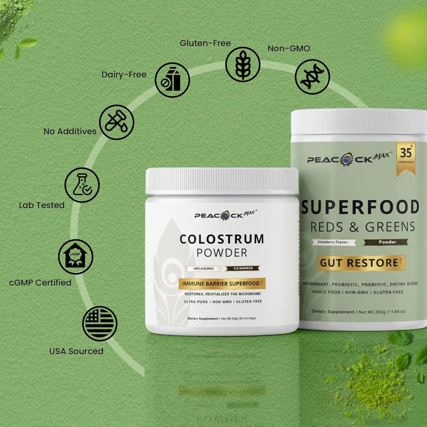 Superfood Reds & Greens 11.64 oz & Colostrum Powder 60g - Daily Superfood Drink Mix with Prebiotics, Probiotics & Enzymes, Nutrient Rich Blend for Gut Balance & Overall Wellness