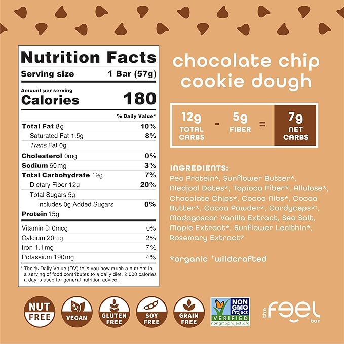 Feel Vegan Protein Bars, Balance, Cordyceps, 15g Protein, Adaptogenic Snack, Organic, Low Carb, Gluten Free, Dairy, Nut, Grain, Soy Free, Cookie Dough, 10 Pack