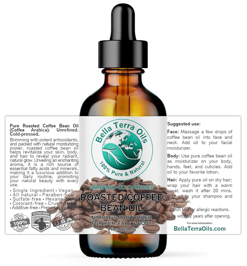 Bella Terra Oils - Roasted Coffee Bean Oil 4 oz - Dive into The Heart of Coffee Extract, Boosted with Essential Fatty Acids, A Luxurious Experience