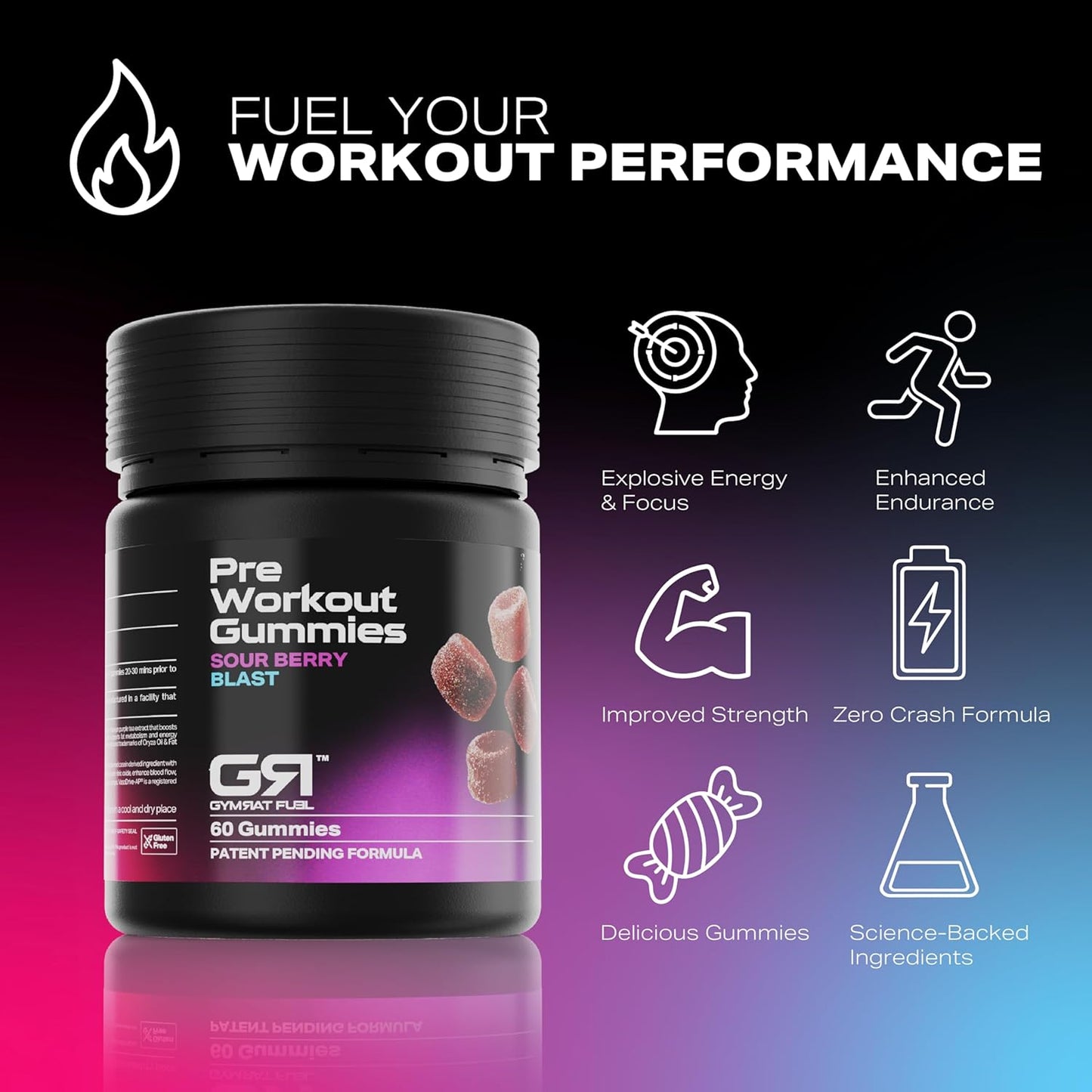 GymRat Pre Workout Gummies – Sour Berry Flavor, Intense Energy & Focus, First with Purple Force™, Vasodrive-AP, Guarana, Pea & L-Theanine – USA Made & GMP Certified (60 Ct)