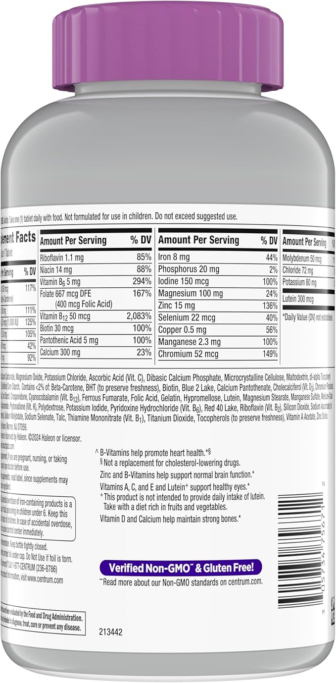 Centrum Silver Women's Multivitamin for Women 50 Plus, Multivitamin/Multimineral Supplement with Vitamin D3, B Vitamins, Non-GMO Ingredients, Supports Memory and Cognition in Older Adults - 200 Ct