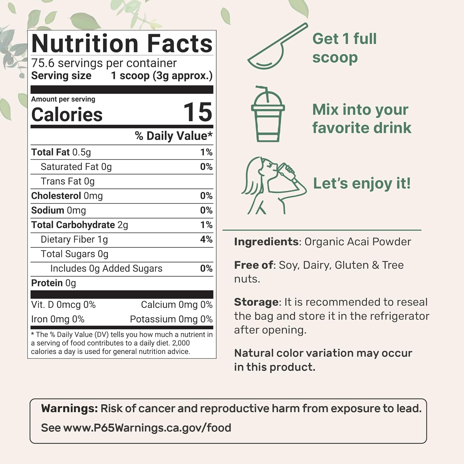 Organic Acai Powder, 8oz | 100% Natural Fruit Powder | Freeze-Dried Brazilian Wildberry Source | No Sugar & Additives | Great Flavor for Drinks, Smoothie, & Beverages | Non-GMO & Vegan Friendly