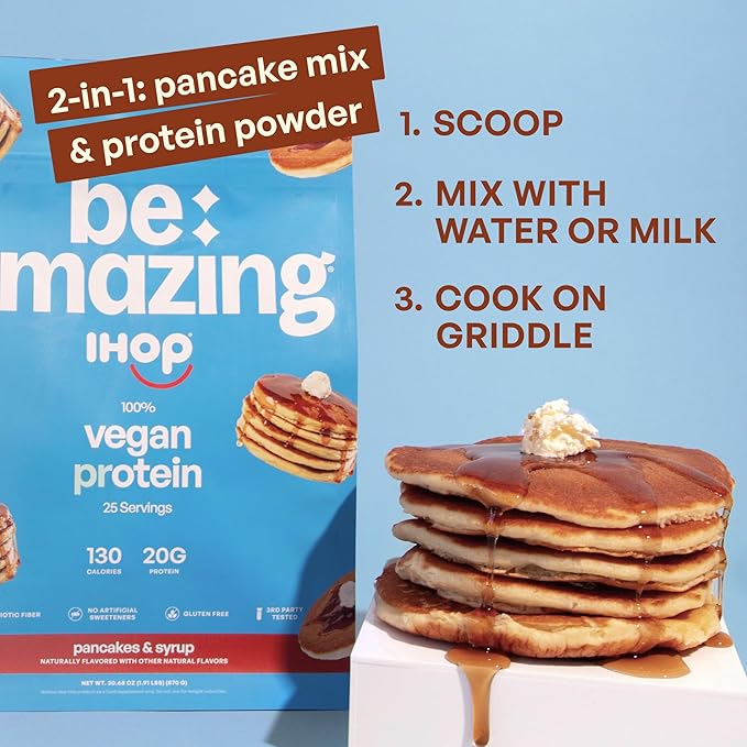 BE AMAZING Vegan Protein Powder, IHOP Pancakes & Syrup, 20g Plant Based Protein with Prebiotic Fiber, Low Carb, Dairy and Gluten Free Shake Mix, No Added Sugar, 29.3 oz, 25 Servings