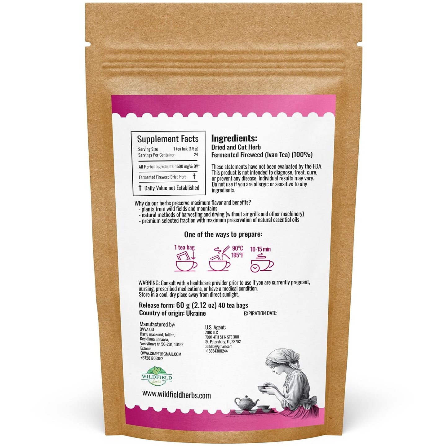 40 Bags Ivan Tea Siberian Fireweed Tea Herb Blooming Sally (Chamerion Angustifolium) - Ivan Chai 40 Count 1.5 g Bags Epilobium Angustifolium Иван Чай