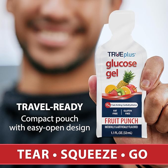 TRUEplus Glucose Gel Pouch, Fruit Punch Flavor, 15g Fast-Acting Carbohydrates, Fat Free, Gluten Free, Quick Support for Low Blood Sugar and Energy, 6 Pack