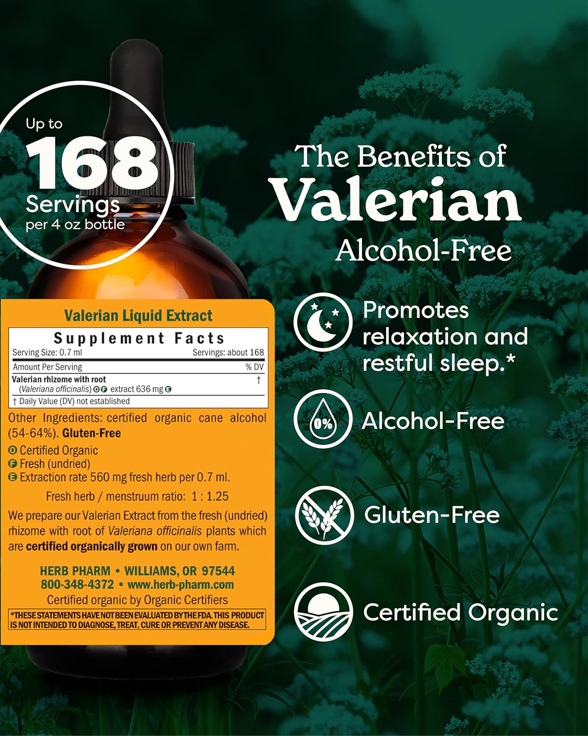 Herb Pharm Certified Organic Valerian Root Liquid Extract for Relaxation and Restful Sleep, Alcohol-Free Glycerite, 4 Ounce