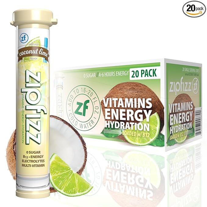 Zipfizz Daily Energy Drink Powder, Coconut Lime, 20 Pack | 3-in-1 Sustained Energy, Rapid Hydration, and Essential Vitamins | Sugar-Free | Electrolyte Powder | Contains Vitamin B-12 & Antioxidants
