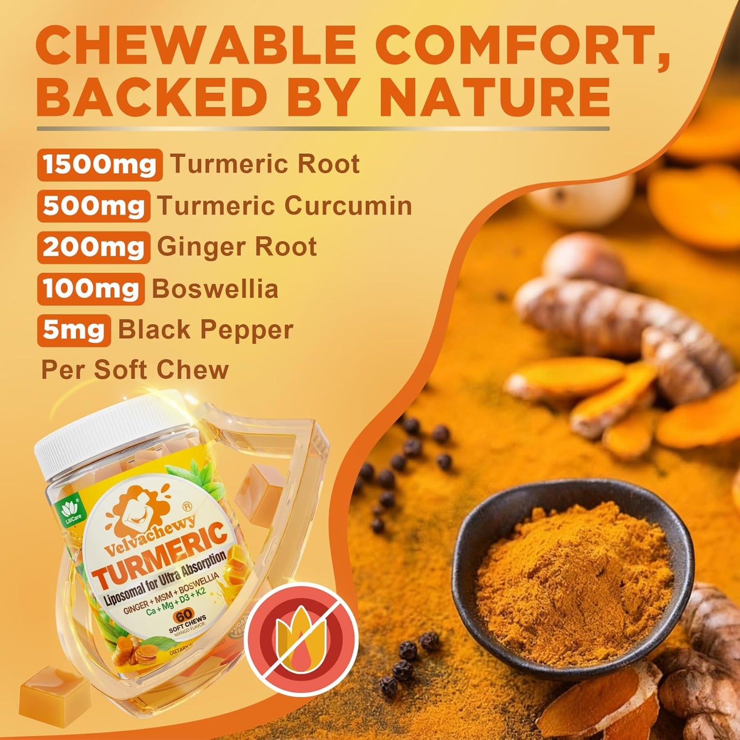 Liposomal Turmeric and Ginger Soft Chews Supplement with Black Pepper, Calcium & Vitamin D3 K2│Ultra High Absorption Liposomal Curcumin + Organic Turmeric Root & Boswellia for Adults, Sugar Free, 60Ct