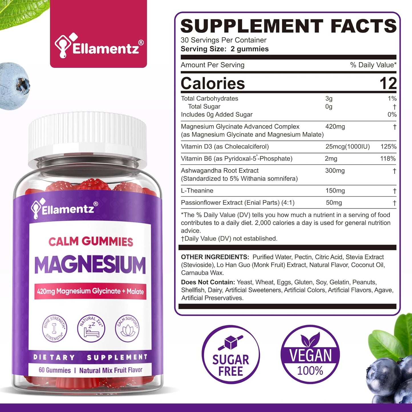 Magnesium Glycinate Gummies 420mg for Adults, Sugar Free Magnesium Supplement with Malate, Ashwagandha, L-Theanine, Vitamin D3 & B6 for Brain Calm, Bone Health & Sleep Support, 120Cts