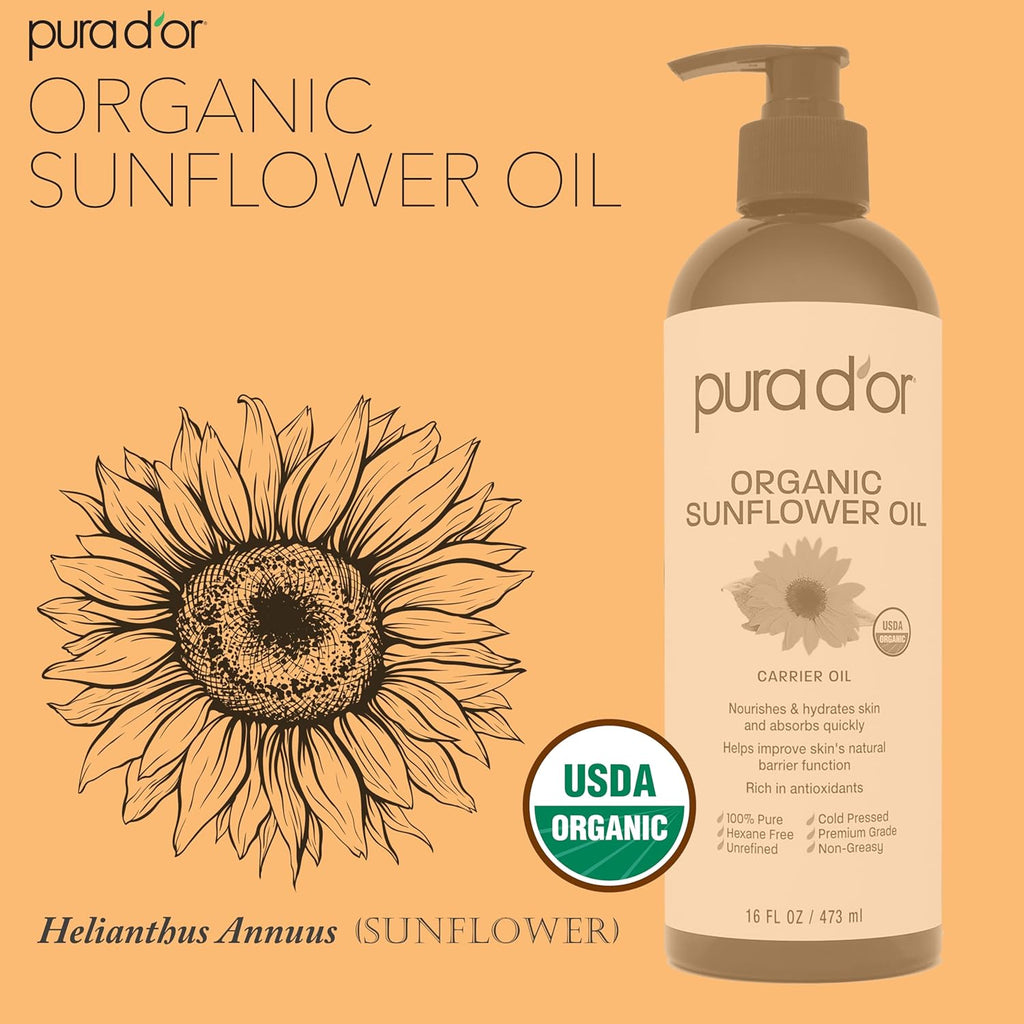 PURA D'OR 16 Oz ORGANIC Sunflower Seed Oil - 100% Pure & Natural USDA Certified Cold Pressed Carrier Oil For DIY Beauty - Unscented, Hexane Free Liquid Moisturizer - Face Skin & Hair - Men & Women