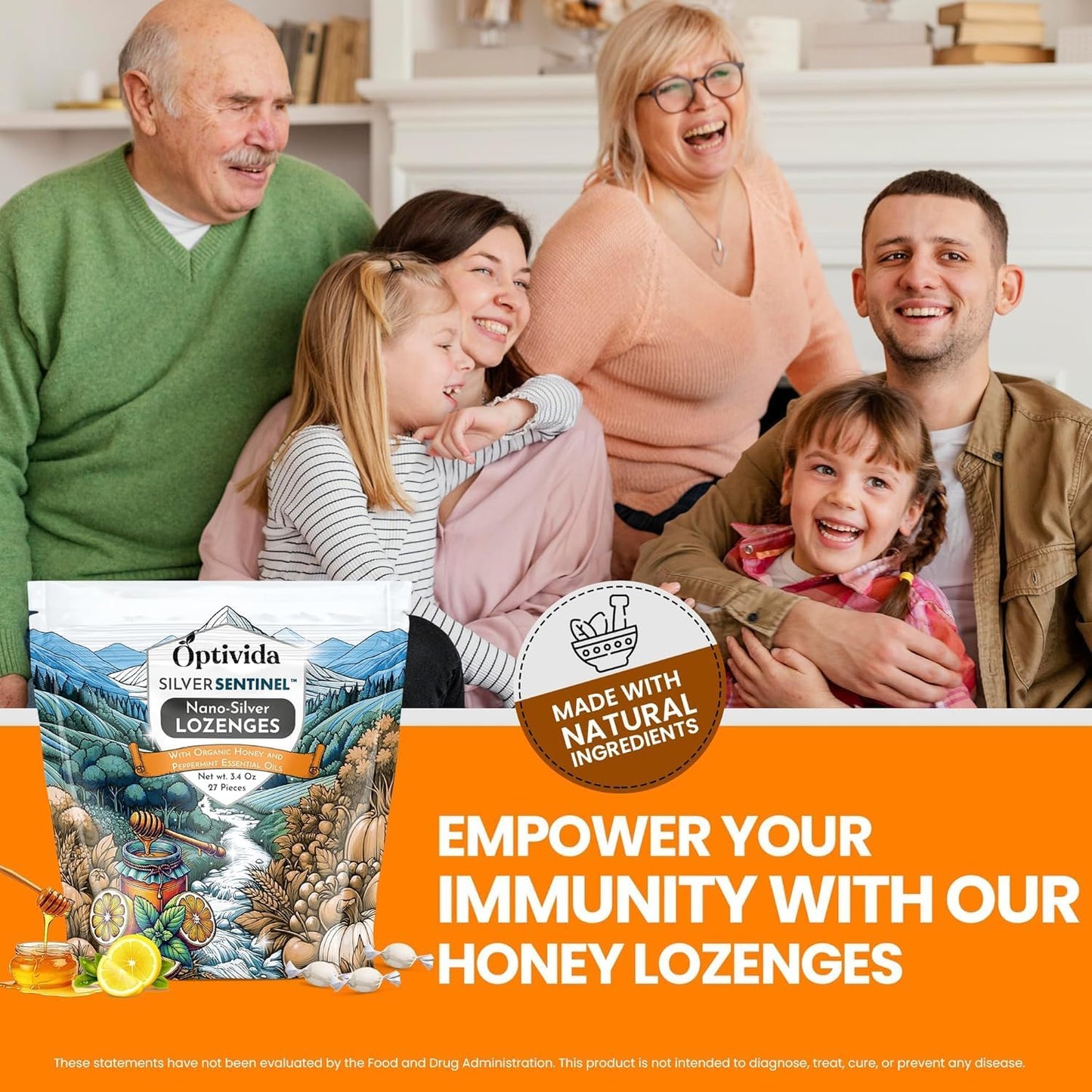 OPTIVIDA Health Colloidal Silver Lozenges with Honey & Lemon Oil (1 Pack) - Soothing Sore Throat Lozenges for Adults with Cough Relief & Fast-Acting Nano Silver Formula for Immune Support, 60 Ppm