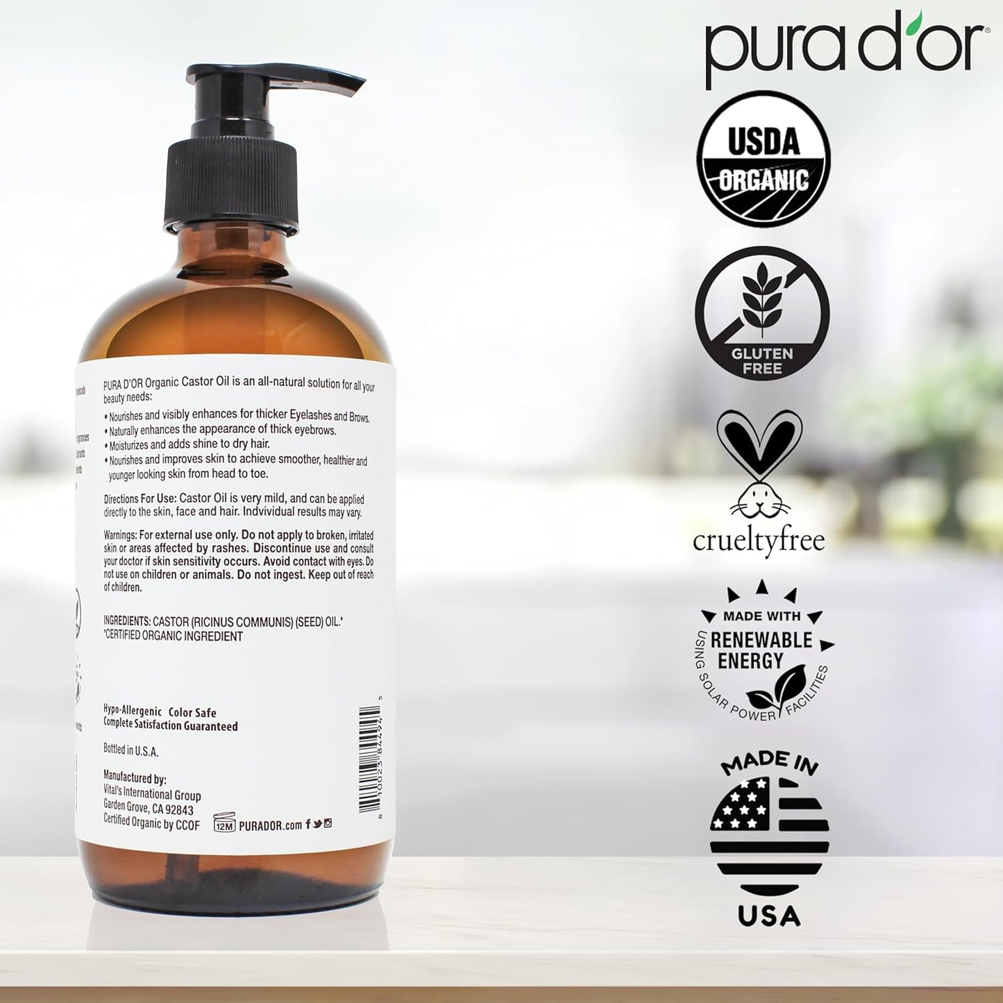 PURA D'OR 16.9 oz Organic Castor Oil (GLASS BOTTLE) Pure Cold-Pressed Hexane-Free USDA Certified – Lashes Brows Hair Scalp Skin – Botanical Moisturizer for Softness Strength Hydration Shine Radiance