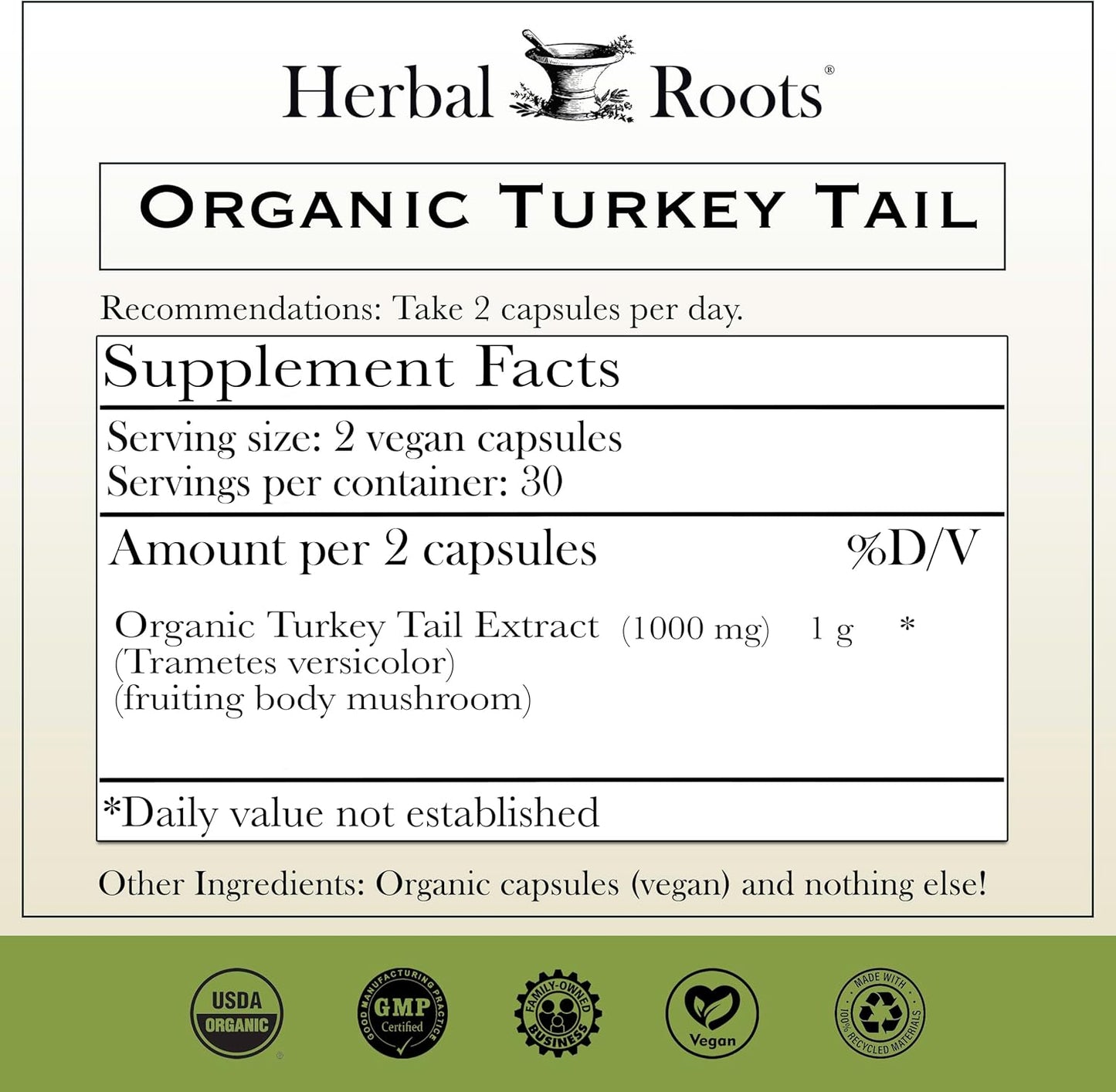 Herbal Roots Organic Turkey Tail Mushroom Supplement - Fruiting Bodies Extract - Immune Support - 60 Vegan Non GMO Capsules