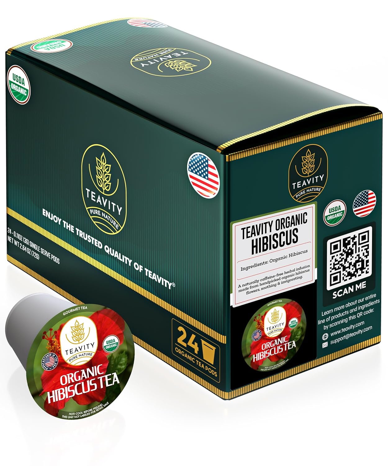 Organic Hibiscus Sabdariffa Tea Organic Naturally Decaf Tea Pods for Keurig by Teavity (24 Tea Pods)
