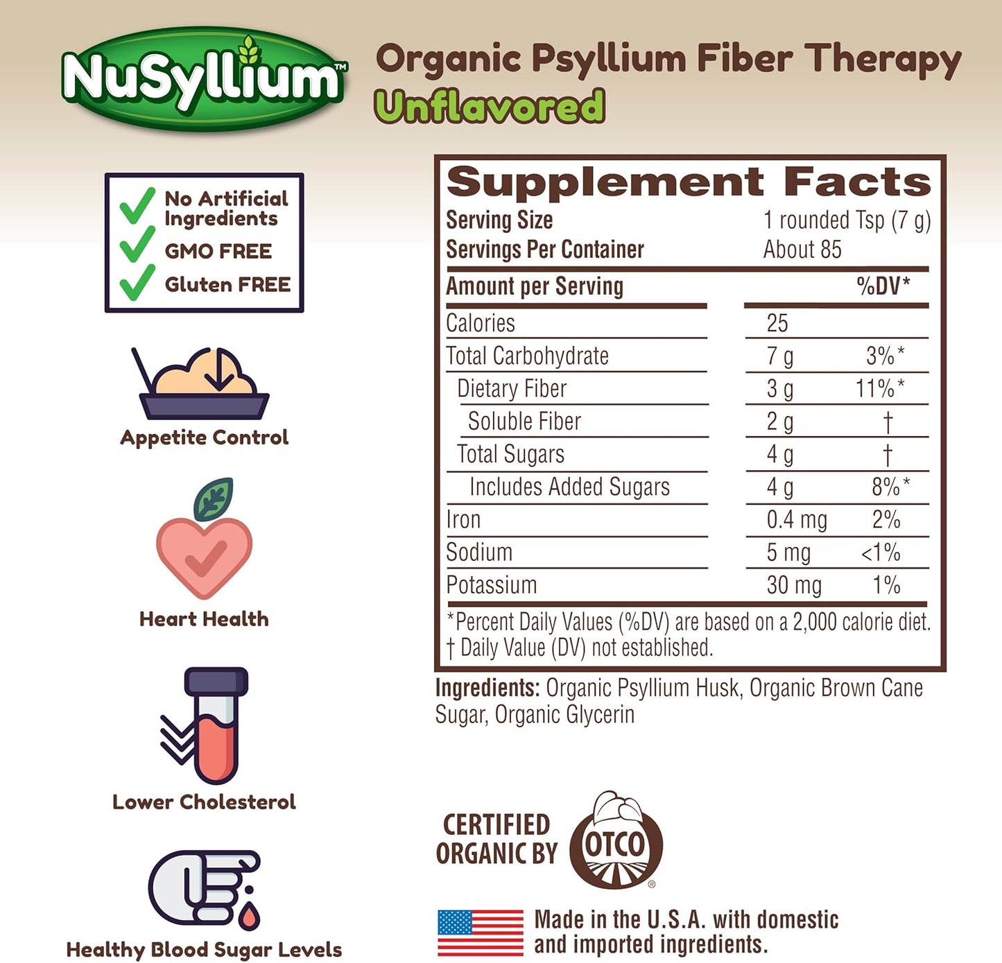 NuSyllium Psyllium Husk Powder USDA Organic, 21 Oz, Dietary Fiber Supplement with Brown Sugar, Helps Promote Digestive Health* Unflavored, 85 Servings