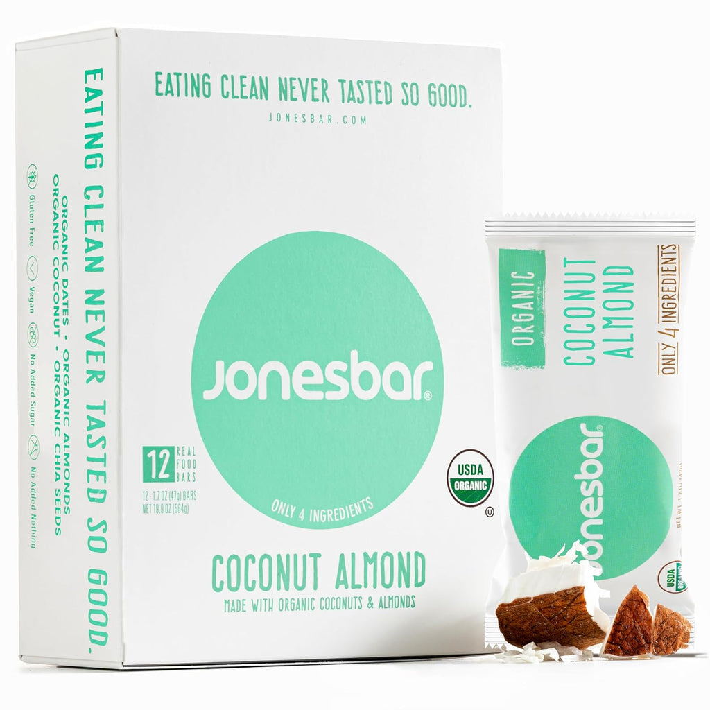 JONESBAR Organic Plant Based Protein Bars | Coconut Almond | Fruit & Nut Bar, Kosher, Gluten Free, Paleo Breakfast Bars, School Snacks, Vegan Snack & Healthy Snacks for Adults and Kids (Pack of 12)